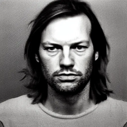 Image similar to Mugshot Portrait of David Gilmour, taken in the 1970s, photo taken on a 1970s polaroid camera, grainy, real life, hyperrealistic, ultra realistic, realistic, highly detailed, epic, HD quality, 8k resolution, body and headshot, film still, front facing, front view, headshot and bodyshot, detailed face, very detailed face