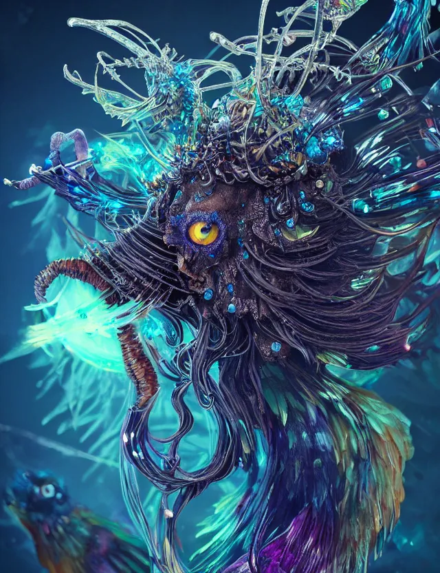 Image similar to witch phoenix macro close - up portrait with crown made of ram skull. phoenix, betta fish, jellyfish, bioluminiscent, plasma, ice, water, wind, creature, super intricate ornaments artwork by tooth wu and wlop and beeple and greg rutkowski