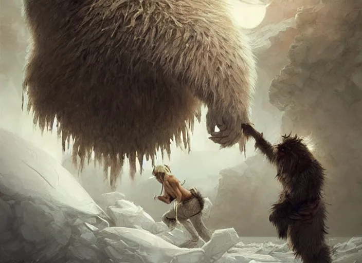 Prompt: giant yeti monster attacking eskimos, digital painting, matte, sharp focus, dramatic, full moon, digital illustration art by artgerm and greg rutkowski and alphonse mucha