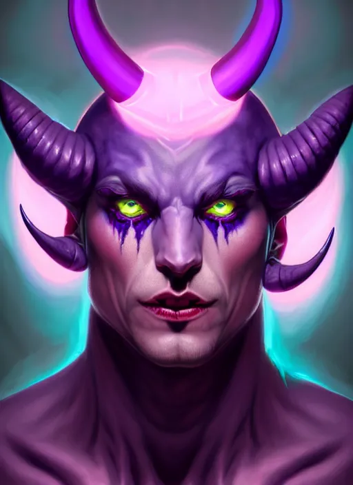 Prompt: symmetry!! portrait of a mischievous trickster male purple and teal skinned tiefling with demon horns and piercings, glowing lights!! intricate, elegant, highly detailed, digital painting, artstation, concept art, smooth, sharp focus, illustration, art by artgerm and greg rutkowski and alphonse mucha