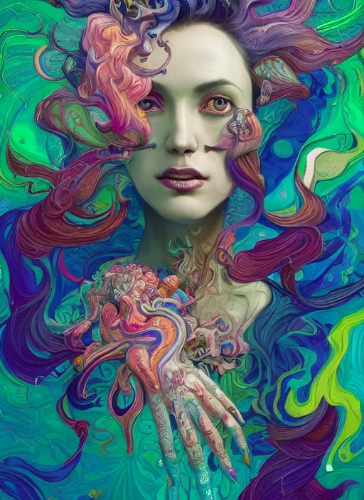 Prompt: woman having a beautiful psychedelic psychotic mental breakdown, mental pandemonium, intense colours, vibrant and vivid color, digital art, hyper detailed, opulent and exquisite, hyper realistic, intricately detailed, bizarre, surrealism, peter mohrbacher, marc simonetti, jean giraud, victo ngai, rene magritte, 4 k, 8 k