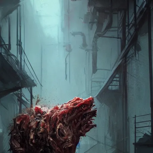 Image similar to concept art by greg rutkowski, dog - shaped monster made of twisted meat and reddish ooze, roaming the colony, looking rabid, in a claustrophobic, futuristic and brutalist environment, frightening and creepy atmosphere, scifi, highly detailed portrait, digital painting, artstation, concept art, smooth, sharp foccus ilustration, artstation hq