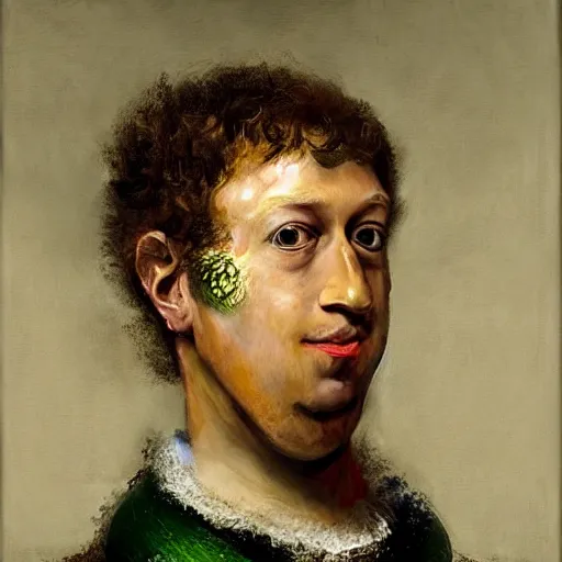 Prompt: mark zuckerberg as a zucchini, vegetable market stand in the background, digital painting by rembrandt:1 and arcimboldo:10