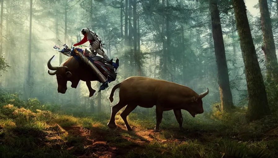 Image similar to american astronaut in the forest riding a bull, objects well lit, plants environment, wide angle, cinematic lighting, atmospheric, realistic, octane render, highly detailed, color graded, in the style of craig mullins