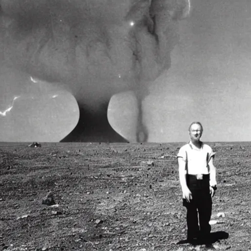 Image similar to last human selfie,horror , nuclear explosion in background