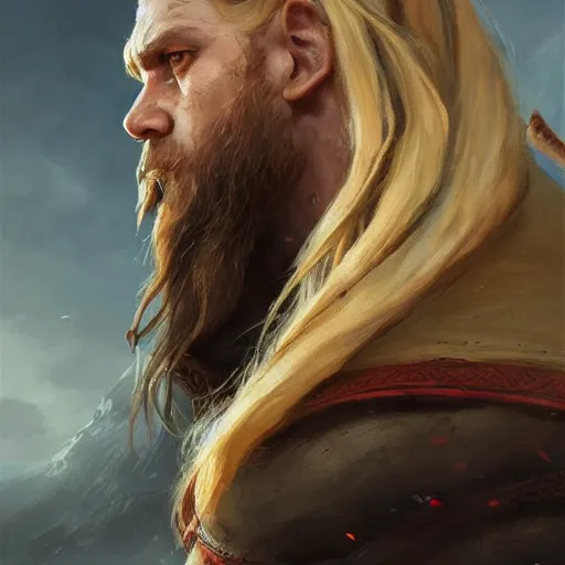 Image similar to a beautiful artwork side profile portrait of a viking warrior with long blonde hair and beard with horns by greg rutkowski , featured on artstation, norse mythology, valhalla
