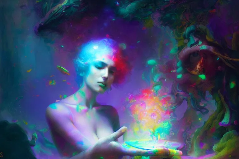 Image similar to a psychedelic realm hidden away in a pocket of ethereal understanding | astral beings sharing love greg rutkowski wlop lisa frank bob ross | ruan jia | illustration