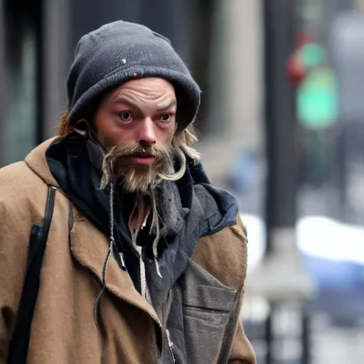 Prompt: margot robbie as an homeless man in new york, highly detailed, hyper realistic