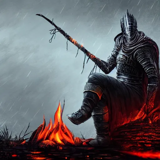 Prompt: soul of cinder boss from dark souls 3 sitting near a camp fire, evening time, heavy rain, rain water reflections in ground, digital illustration, crisp details, highly detailed art, 8k image quality, full body camera shot