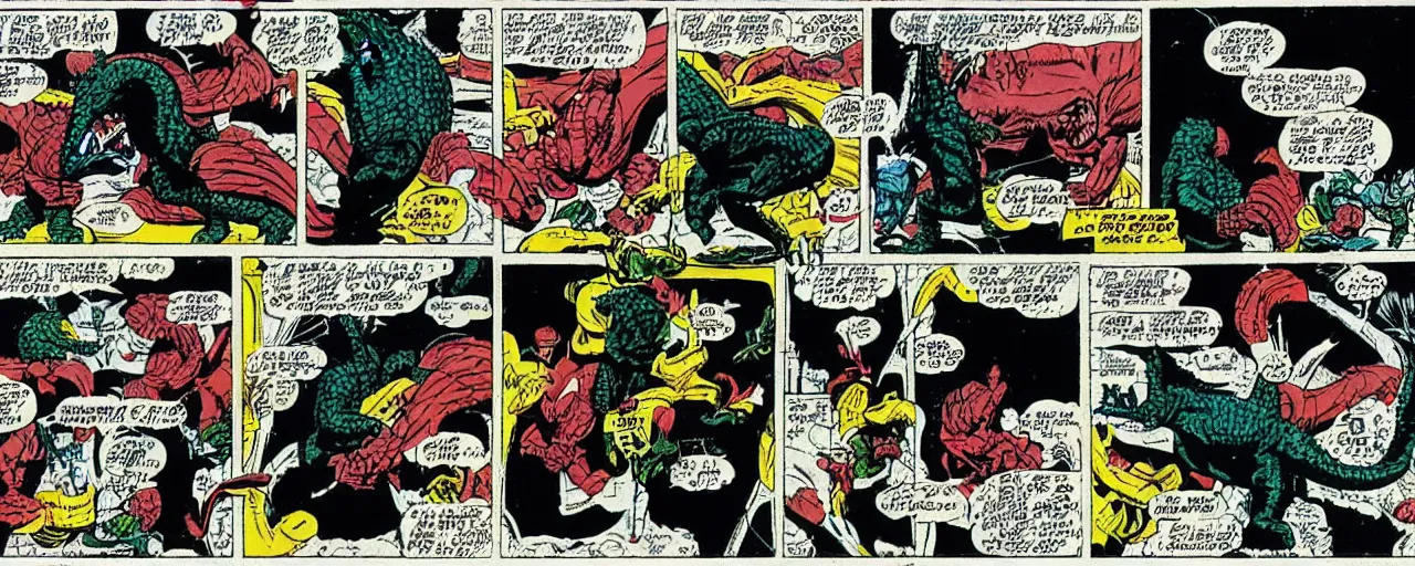 Image similar to godzilla dunking on shaq, marvel comic 1 9 6 0's style, comic strip