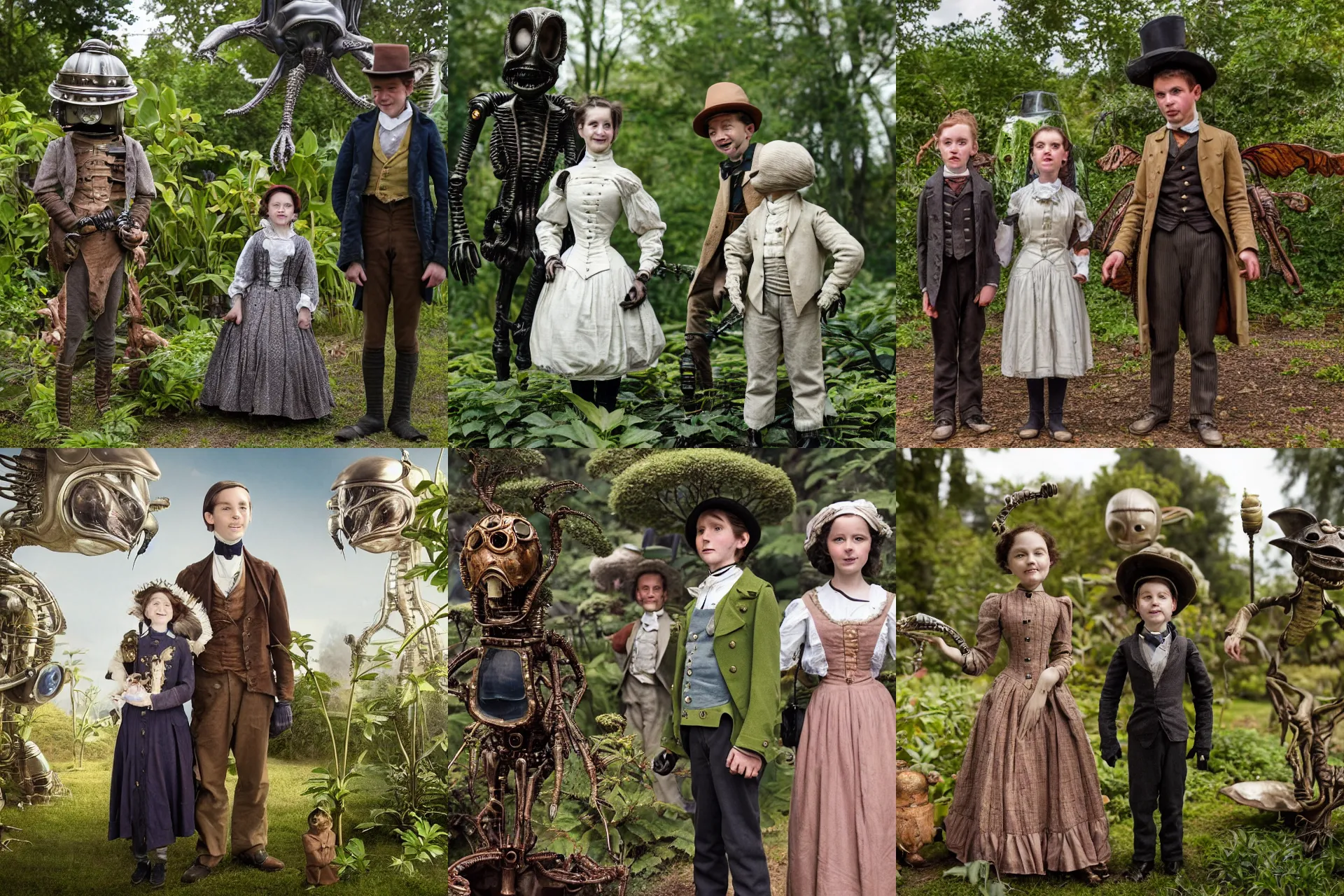 Prompt: detailed, sharp, a girl and a boy standing next to some alien plants, looking happy, wearing 1850s era clothes, their small pet alien creature is hovering nearby, in a park on an alien planet, steampunk, extremely highly detailed, hyperrealistic, in focus faces, detailed faces, 70 mm still from a period sci fi movie, 8k, HD