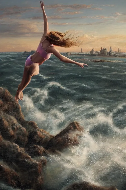 Prompt: a beautiful matte painting of acrylic nails jumping into the galveston bay, oil on canvas, intricate, portrait, 8k highly professionally detailed, HDR, CGsociety
