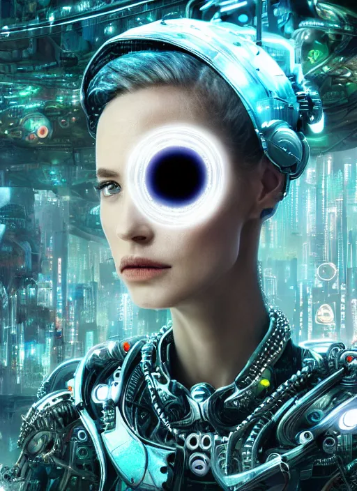 Image similar to 35mm portrait of complex, sophisticated and intricate 7 of 9 borg with eye implant, on the background of a weird magical mechanical forest. Round gears visible inside her hear. Very detailed 8k. Fantasy cyberpunk horror. Sharp. Cinematic post-processing