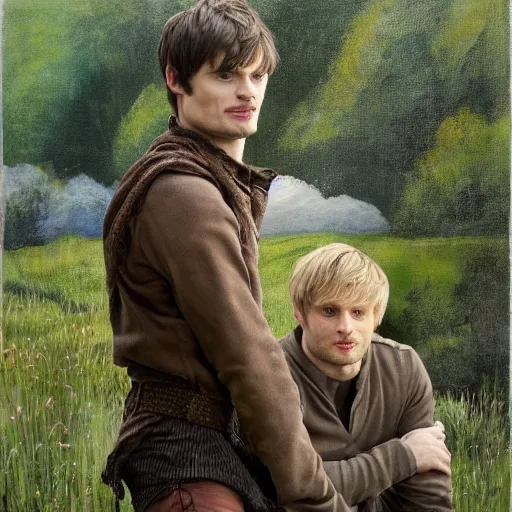 Prompt: bradley james and colin morgan, 2 guys only. from the television show merlin ( 2 0 0 8 ). in a beautiful meadow in love and happy ; high - detailed oil painting by igor sychev, trending on artstation, masterpiece, 4 k