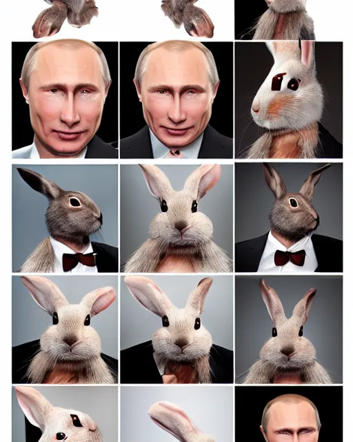 Prompt: headshots of vladimir putin sitting in a makeup chair wearing highly detailed rabbit prosthetic makeup in the style of rick baker, vladimir has long rabbit ears, rabbit fur, rabbit snout, studio lighting, soft focus