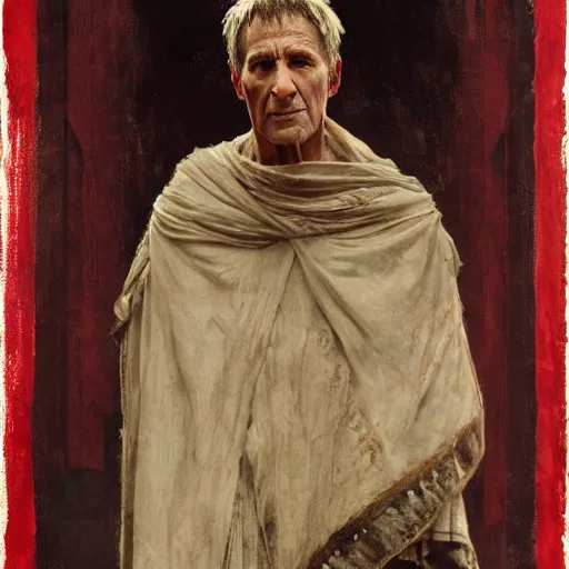 Image similar to the end is near. a tired julius caesar is sitting on a throne. portrait. face is highly detailed. intricate. splices of red are running down his toga. close shot. dark background. soft light. imagined by jeremy lipking and alphonse mucha