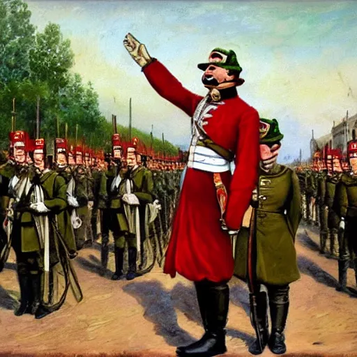 Prompt: pepe the frog saluting prussians soldiers in 1864, military parade, uncroped, expressive oil painting