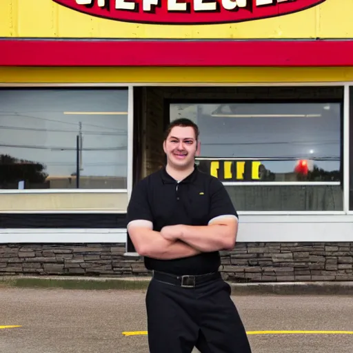 Image similar to wafflehouse employee's standing below wafflehouse sign