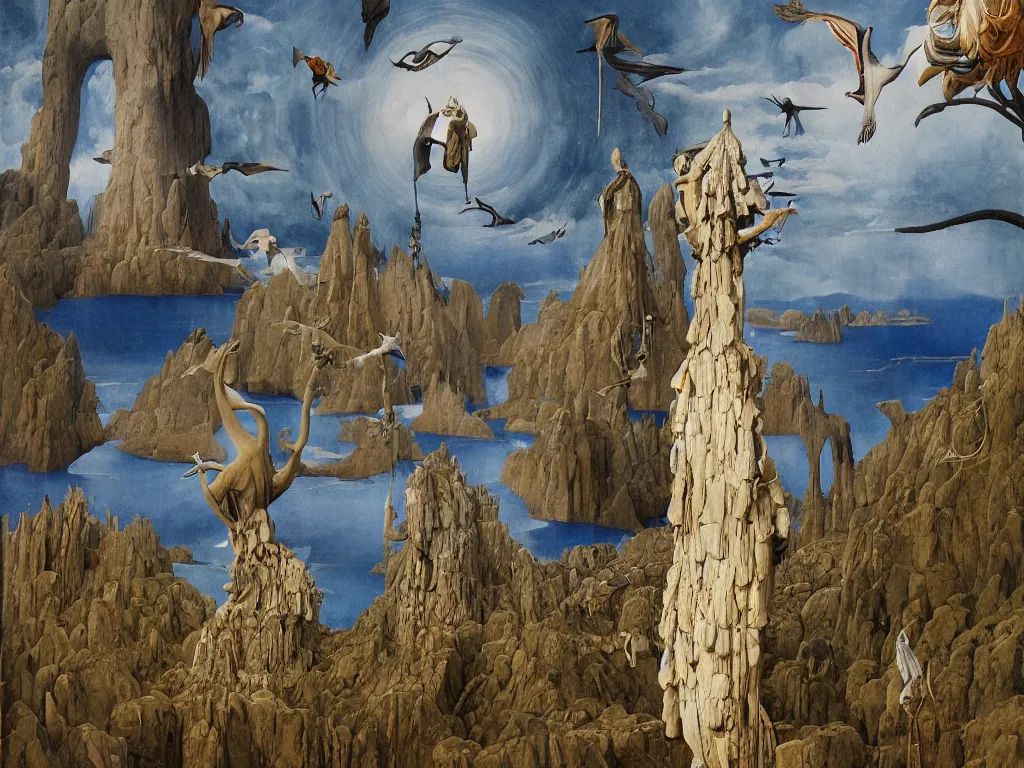 Image similar to Albino mystic with his back turned, looking in the distance in the mountains at giant totemic archaic sculpture mask Henri Moore sculpted temple from Lapis Lazuli with beautiful exotic crane. Painting by Jan van Eyck, Beksinski, Audubon, Rene Magritte, Agnes Pelton, Max Ernst, Walton Ford