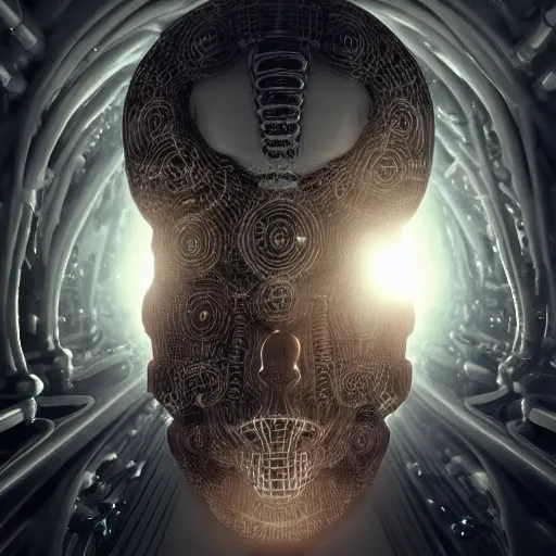 Prompt: octane render of artificial intelligence becomes a conscious sentient brain connected to a machine by h.r. giger and seb mckinnon