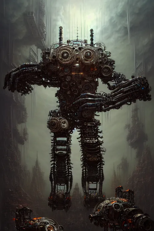 Image similar to A photorealistic 3d render of a robot monster cyborg made of circuits wide view shot by ellen jewett , tomasz alen kopera and Justin Gerard symmetrical features, ominous, magical realism, texture, intricate, ornate, royally decorated, android format, windows, many doors, roofs, complete house , whirling smoke, embers, red adornments, red torn fabric, radiant colors, fantasy, trending on artstation, volumetric lighting, micro details, 3d sculpture, ray tracing, 8k