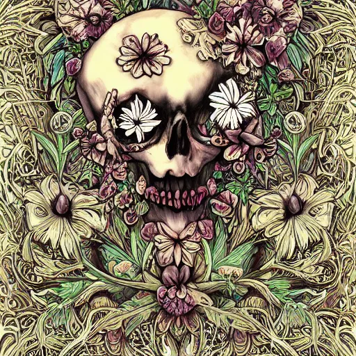 Image similar to detailed rotten skull corpse with fractal plants and fractal flowers and mushrooms growing around, symmetrical, ornate, ornamentation, illustration, in the style of onz _ blk