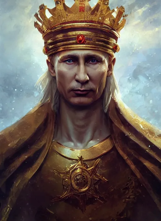 Prompt: vladimir putin as a magnificent beautiful greek god in a giant crown by greg rutkowski