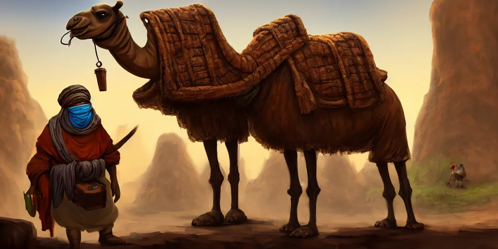 Image similar to an anthropomorphic camel that is a merchant, village trader, caves of qud, matte oil painting, retrofuturistic, concept art, science fantasy, post - apocalyptic, mutant, rpg, epic, rust, salt, plants, dungeons & dragons, toxic, sharp focus, award - winning, extremely detailed, 4 k, 8 k