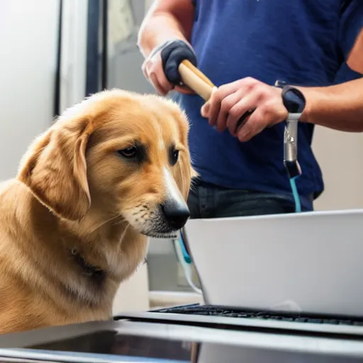 Image similar to detailed photo of a dog fixing an open CPU with tools in hands, dlsr photo