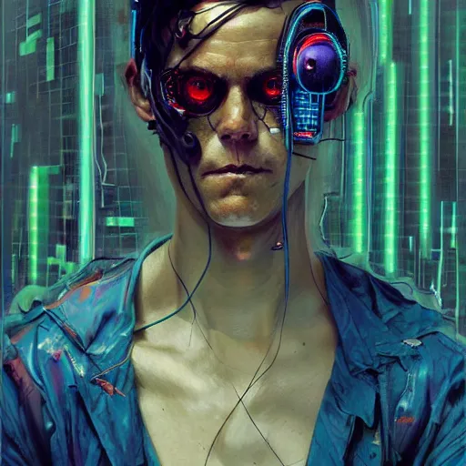 Image similar to zach greinke as a cyberpunk hacker, wires cybernetic implants, in the style of adrian ghenie, esao andrews, jenny saville, surrealism, dark art by james jean, takato yamamoto