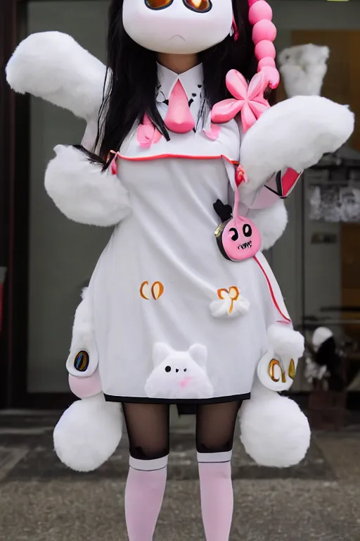 Image similar to 35mm of a very cute, minimal, adorable and creative Japanese mascot character costume, full body view, very magical and dreamy, girly, designed by Gucci,kawaii, magical details