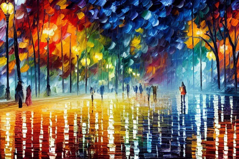 Image similar to a painting of a park at night by leonid afremov and william degouve de nuncques, rain puddles, a glitched dystopian city in the background, in foreground two plague doctors, subdued colors