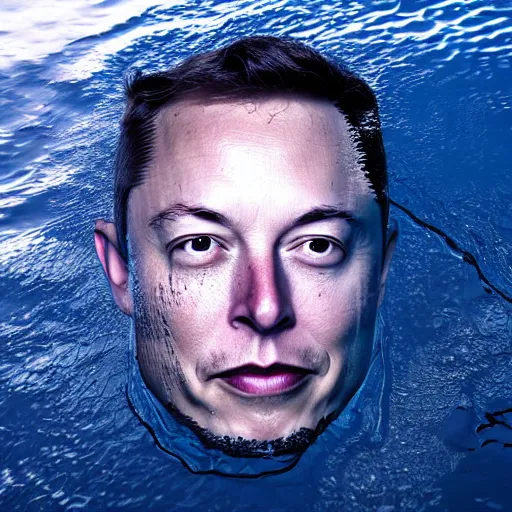 Prompt: water artwork manipulation in the shape of elon musk head, on the ocean water, ray tracing, realistic water sharp focus, long shot, 8 k resolution, cinematic, amazing water art