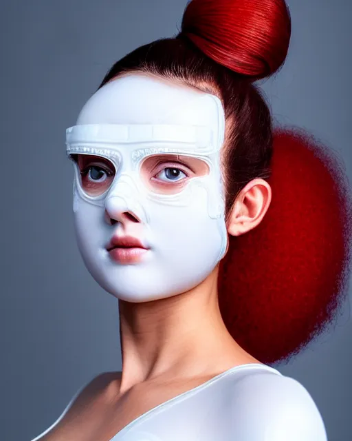 Prompt: symmetrical portrait of a woman wearing a white embroidered translucent silicone mask and white frizzy hair buns, wearing a silicone white bodysuit, red background, soft diffused light, biotechnology, futuristic aesthetic, translucent, ethereal, intricate details, highly detailed, masterpiece,