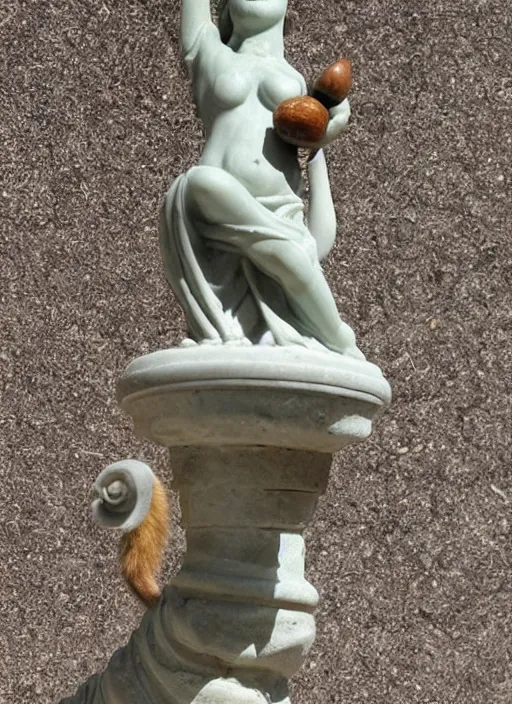 Prompt: A marble statue of a squirrel holding an acorn in the style of Statue of Liberty