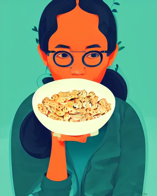 Prompt: a vector based illustration of a woman eating a bowl of cereal, by sachin teng and loish, vibrant, vector art, award winning, stunning, trending on art station, highly detailed