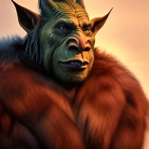 Image similar to A full body shot of a handsome orc looking into the camera wearing a fur jacket and boots, full body shot, artstation, realistic, highly detailed, symmetrical, hyper realism, high detail, octane render, unreal engine, 8k, fantasy art, highly detailed, concept art