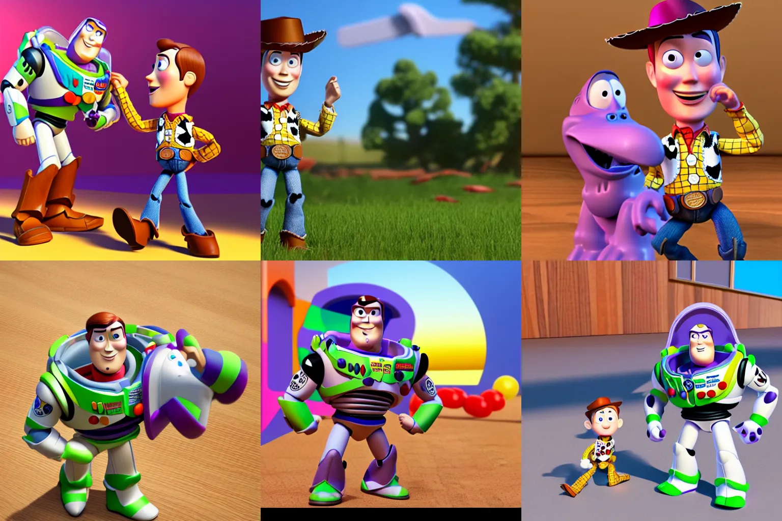 Prompt: Woody from Toy Story eating Buzz Lightyear to survive, 3D render