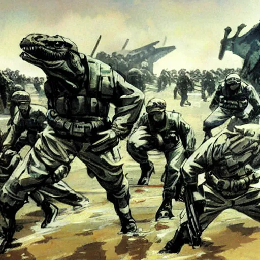 Image similar to Dinosaur soldiers storming Normandy beach in World War II, Yoji Shinkawa