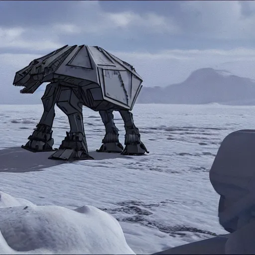 Prompt: a fusion between the tarrasque and an AT-AT, flat grey color, completely metal, gun turrets on shoulders, walking across ice planet, hyper-realistic CG