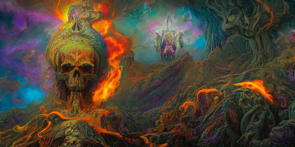 Prompt: gigantic psychedelic demonic cosmic skull of death and fire, outer space, fantasy painting, ultra realistic, dmt, symmetrical, wide angle, art nouveau, intricate details, digital painting, rainbowshift, vivid colors, highly detailed by peter mohrbacher, h. r. giger, maxfield parrish, craig mullins, octane render, cgi