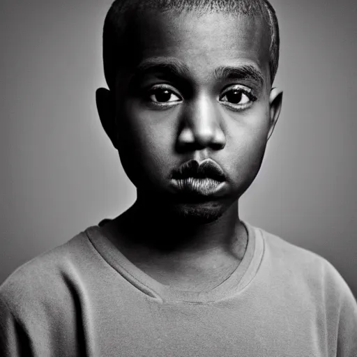 Image similar to the face of young kanye west wearing yeezy clothing at 7 years old, black and white portrait by julia cameron, chiaroscuro lighting, shallow depth of field, 8 0 mm, f 1. 8