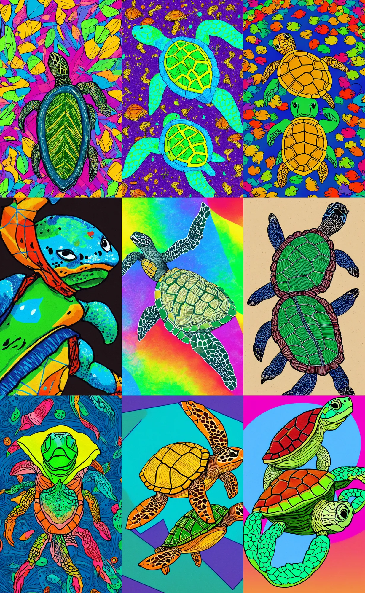 Prompt: colorful turtle wearing cape, intricate, elegant, highly detailed, 8K, sharp focus, illustration, art by Eric Andre