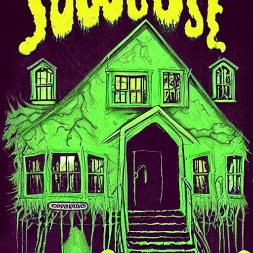 Prompt: goosebumps cover art of a haunted house house spilling with green ooze. highly detailed illustration. strong shadows. pulp horror art