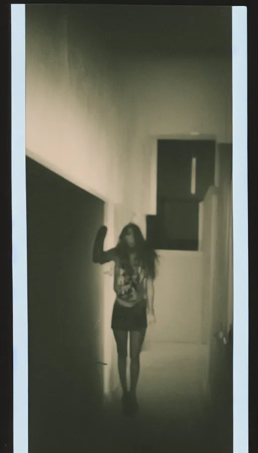 Image similar to found polaroid photo of a girl floating in a dark hallway, possessed