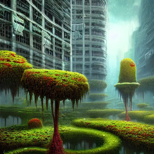 Prompt: overgrown flower covered mossy alien skyscrapers cryengine render, by android jones, james christensen, rob gonsalves, leonid afremov, syd mead, and john stephens