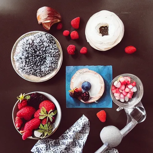 Prompt: “architectural flatlay of berries, crystals, bagels, weeds”