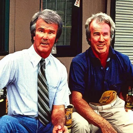 Prompt: kevin tighe with randy mantooth drunk, sitting by a dumpster drinking beer, many empty bottles lie around them