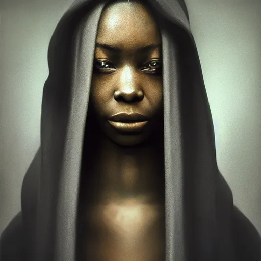 Image similar to a portrait of a young black woman wearing a long dark cloak, hood and shadows covering face, anatomically correct, beautiful perfect face, enigmatic, oil painting, matte painting, black background, Volumetric dynamic lighting, Highly Detailed, Cinematic Lighting, Unreal Engine, 8k, HD, by Beksinski