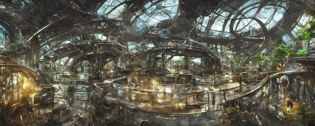 Image similar to a futuristic steampunk science laboratory, built in the middle of a lush tropical rainforest, cinematic back lit lighting, realistic, detailed, canon 20mm,